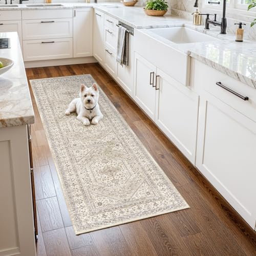 2x5 Runner Rug for Hallway Washable: Non Slip Kitchen Rugs with Rubber Backing Soft Waterproof Mats Stain Resistant Indoor Vintage Carpet Runner for Bedroom Bathroom Laundry Entryway Beige/Gray - color: Beige/Gray, size: 2' x 5' (Rectangular)