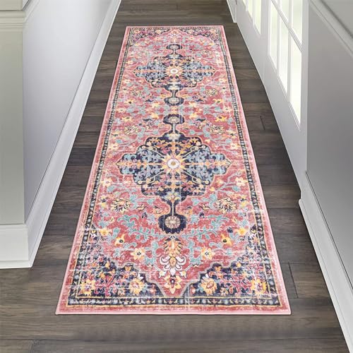 Pauwer Boho Hallway Runner Rug 2x6 Washable Entryway Area Rugs Non Slip Farmhouse Vintage Floor Mat Carpet Runner for Hallways Laundry Room Kitchen Bathroom Bedroom - color: Fuchsia Multi, size: 2' x 6' (Runner)