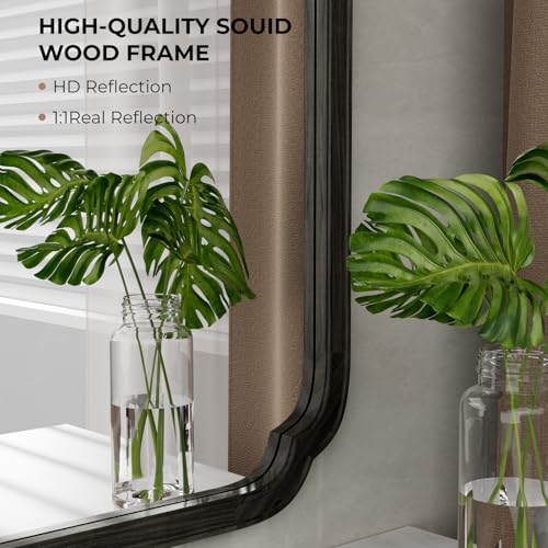 WallBeyond 30" x 40" Rounded Corner Arch Wall Mirror with Wood Frame for Entryway, Living Room or Bedroom Home Decor - Light Woodgrain [30 x 40 inches, Black] - color: Black a, size: 40"L x 30"W