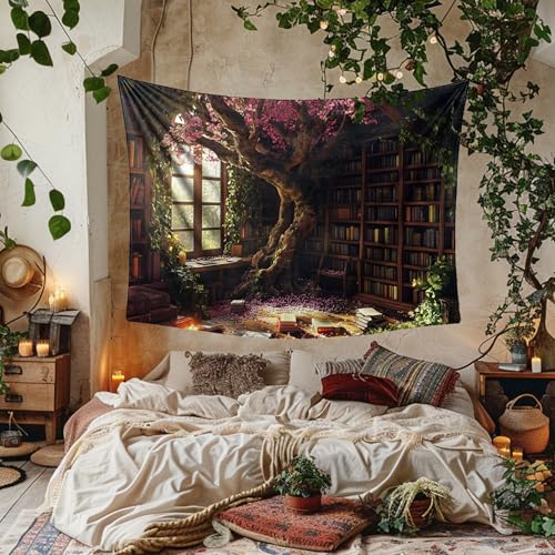 Richldeas 60x44inchs Bookshelf Tapestry Cherry Blossom Tree Tapestry Library Tapestries Reading Blanket for a Windowless Office and Dormitory Bedroom Living Room Home Decor RITAYW075 - color: Pink, size: 60"L x 44"W