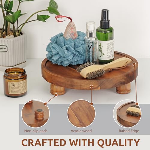 Demigo 10" Acacia Wood Round Tray - Decorative Plant Stand, Farmhouse Countertop Organizer, Multi-Purpose Display Pedestal, Riser Board for Soap, Perfume, Candles, Sponge, Bathroom, Kitchen - color: Brown