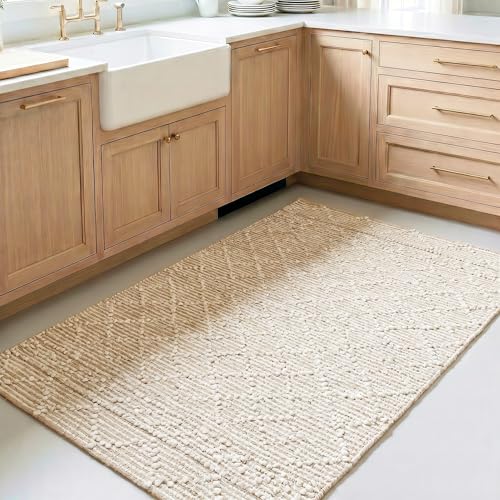 Homespice Mica Textured White Jute Rug 3x5' - Thick & Firm Premium Handmade Textured Area Rug for Kitchen and Hallway, Lays Flat, Won't Fray or Shed, Diamond Trellis Pattern - color: Mica, size: 3' x 5' (Rectangular)