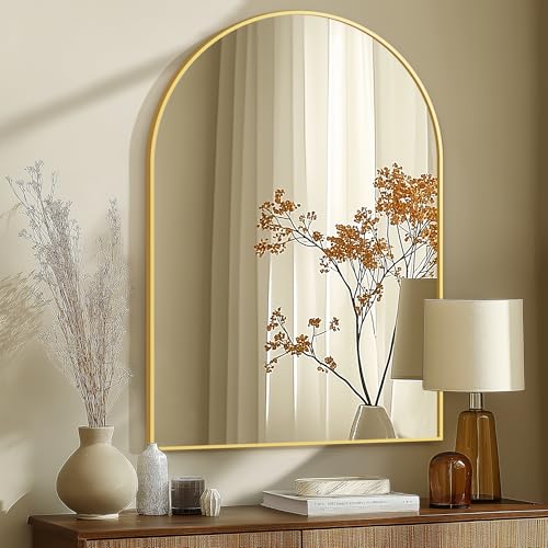 Arched Bathroom Mirror for Wall, 40" x 28" Gold Metal Frame Vanity Mirror, HD Glass Over Sink for Bathroom, Entryway, Bedroom - color: Gold, size: 40"L x 28"W