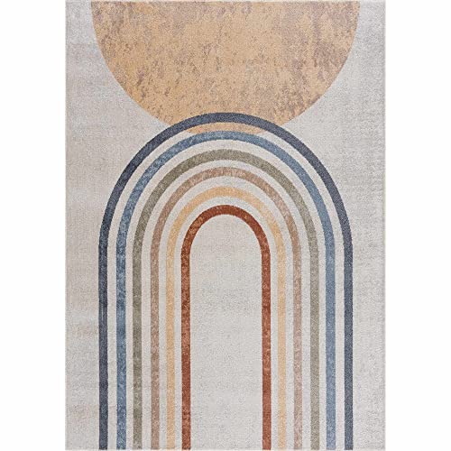 Hauteloom Vaughan Machine Washable Area Rug for Living Room, Bedroom - Bohemian Vintage Distressed - Rainbow Contemporary Striped Carpet - Colorful, Red, Yellow, Beige - 6'7" x 9' (6x9) - color: Dark Blue, Light Blue, Olive / Giza, size: 6'7" x 9' (Rectan