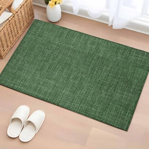 Vintage Dark 2x3 Small Rug for Entryway Kitchen Front Door, Green Linen Texture Farmhouse Washable Throw Rug Absorbent Non-Slip Indoor Floor Mat for Kitchen Entrance Dog Home Office Decor - color: Green, size: 2' x 3' (Rectangular)