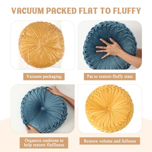 Drydiet 3 Pcs Round Throw Velvet Pillows Decorative Pleated Throw Pillows Diameter Accent Pumpkin Boho Chair Cushion for Couch Sofa Home Decoration (Yellow,Brunt Orange,Blue,15'') - color: Yellow,brunt Orange,blue, size: 15''