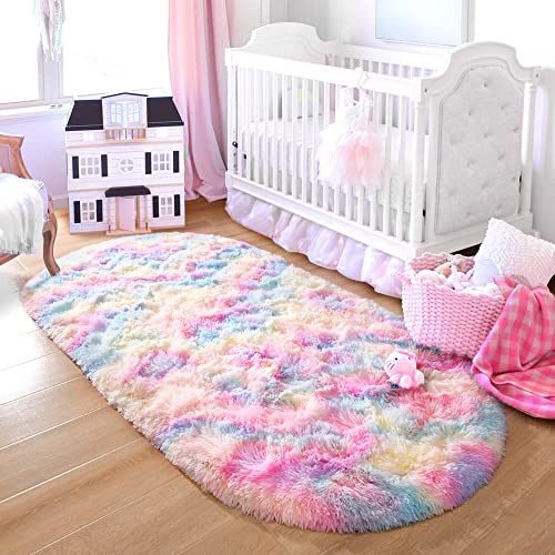 junovo Ultra Soft Washable Shaggy Rug - Non-Slip Oval Carpet for Nursery, Kids Bedroom & Home Decor (2.6x5.3ft Tie-Dye Rainbow) | Plush Fluffy Floor Mat for Cozy Living Spaces - color: Tie-dye Rainbow, size: 2.6' x 5.3'