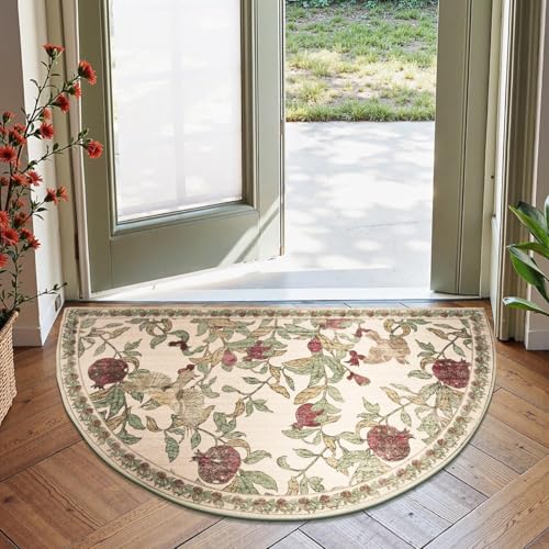 jinchan Eden Botanical Vintage Washable Small Area Rug, 2x3 Half Circle Floral Entryway Rug, Low Pile Soft Non Slip Doormat Dirt Trapping Carpet for Kitchen Bathroom Vanity, Red/Green - color: Eden Red/Green, size: 1'9" x 3' (Semicircular)