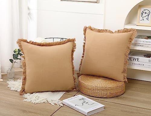 NUYECY Set of 2 Natural Linen Fringed Throw Pillow Covers,Khaki Neutral Decorative Pillowcase with Chic Tassel Burlap Boho Large Cushion Covers for Couch Sofa Farmhouse,26x26 inches - color: Khaki, size: 26" x 26" (Pack of 2)
