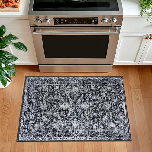 KILOCOCO Small Area Rug 2x3 Entryway Rugs Printed Vintage Moroccan Floral Washable Rug Non-Slip Kitchen Rug Indoor Door Mat, Accent Throw Small Rugs for Laundry Room Bedroom Entrance, Black/Navy/White - color: Black/White, size: 2' x 3' (Rectangular)
