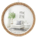 22 Inch Boho Style Decorative Mirror, Round Rattan Wall Hanging Mirror, Nature Rattan Woven Round Mirror, Makeup, Dressing Mirror, Suitable for Dressing Room, Living Room, Bedroom, Farmhouse