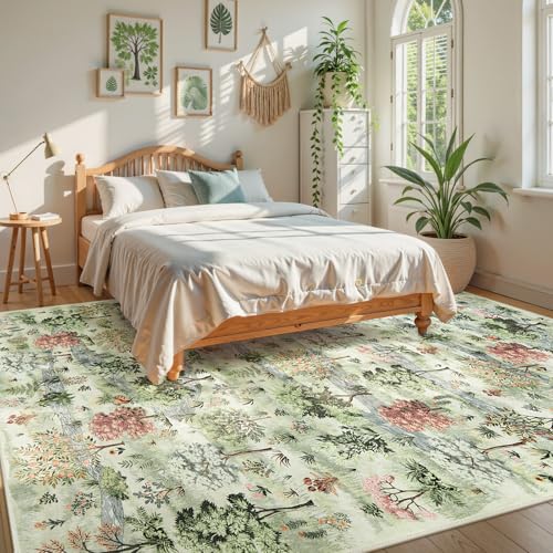 Beeiva 8x10 Living Room Rug, Beige Boho Foresst Washable Rugs 8x10 for Dining Room, Soft Non Slip Woodland Large Area Rug Carpet for Bedroom Nursery Aesthetic Nature Home Decor(Beige,8x10ft) - color: Beige-forest, size: 8' x 10' (Rectangular)