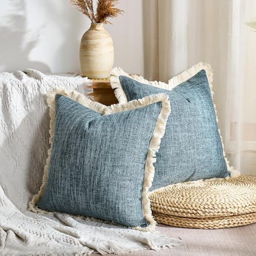 Couch Pillow Covers Faux Linen Decorative 16x16 Blue Boho Farmhouse Throw Pillowcases with Tassels Fringed Rustic Woven Textured Burlap Cushion Covers for Couch Sofa Bed Living Home Decor Set of 2 - color: Blue, size: 16" x 16" (Pack of 2)