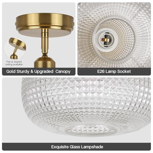 Glass Semi Flush Mount Ceiling Light Fixture, Gold Vintage Globe Lamp, Sloped Ceiling Adaptable, for Hallway, Kitchen, Bedroom, or Entryway, Modern Farmhouse Style Light for Dining Room - color: Transparent