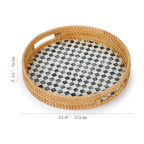 YANGQIHOME Round Rattan Tray with Handle, Mother of Pearl Inlay Decorative Wicker Basket for Coffee, Bread, Fruits, Serving Tray for Home Decor, Checkerboard - color: Checkerboard, size: 13.8"