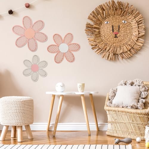 Maitys 3 Pieces Boho Daisy Wall Decor Natural Rattan Flower Wall Hanging Art Wooden Boho Art Nursery Flowers Farmhouse Hanging Decor for Home Office Nursery(Rustic Color) - color: Rustic Color