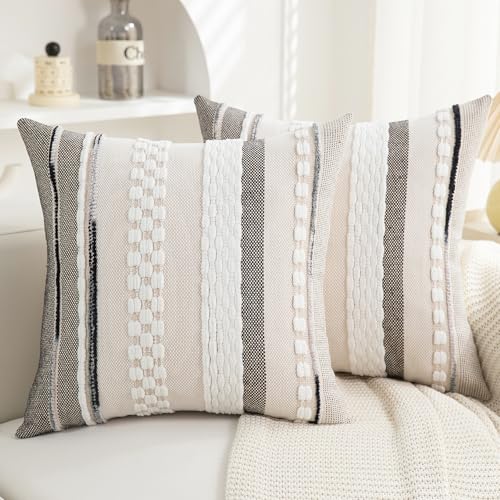 Boho Pillow Covers 18x18 Set of 2 for Couch-Modern Farmhouse Sofa Decorative Throw Pillow Covers Textured Chenille Cushion Covers Outdoor Netural Bohemian Pillow Cases Square - color: White Stripe