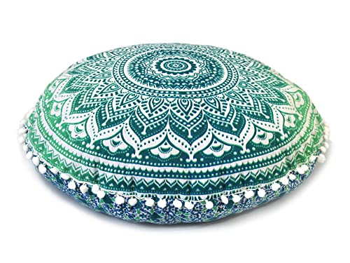 Round Mandala Floor Pillow Cover Seating Cushion Throw Cover Hippie Decorative Bohemian Ottoman Pouf Cover, Pom Pom Pillow Cases,Boho Indian 22 Inches (Green) - color: Green
