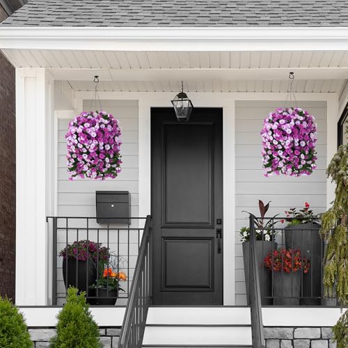 Artificial Fake Flowers Plants Hanging Baskets Outdoor Outside Spring Decor, Faux Silk Light Fuchsia and Fuchsia UV Resistant Look Real Morning Glory Home Patio Porch Balcony Decoration - color: Light Fuchsia+fuchsia