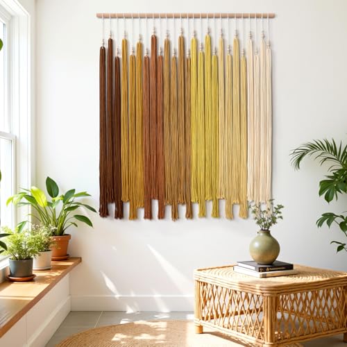 KHOYIME Macrame Wall Hanging Large Boho Home Decor Aesthetic, Bohemian Yellow Tassels Tapestry Modern Handmade Artwork Chic Wall Art Decorations for Dining Living Room Bedroom Nursery Office 38.5"x43" - color: Yellow