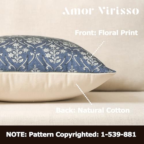Amor Virisso Floral Pillow Covers 18x18 Inch Farmhouse Block Print Pillow Cover Accent Square Neutral Modern Decorative Throw Pillow Covers for Living Room Couch Bed Sofa Chair, Dusty Blue - color: Dusty Blue, size: 18" x 18" (Pack of 1)