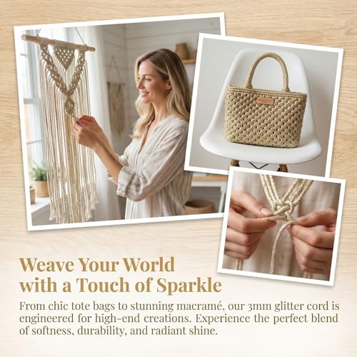 3mm Sparkle Polyester Macramé Cord - 150g/66yds Metallic Glitter Braided Cord for Crocheting Bags, Baskets, Macramé Plant Hangers & DIY Crafts, Machine Washable (1#White Gold) - color: 1#white Gold