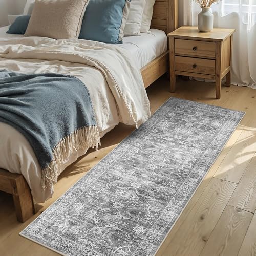 Grey Vintage Washable Runner Rugs for Hallway Kitchen Boho Laundry Rug Low Pile Non-Slip Retro Distressed Accent Throw Carpet for Entryway Bathroom Bedroom - color: Grey, size: 2'*6'(Runner)