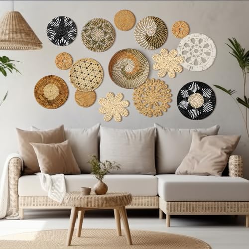 Xuhal 15 Pcs Boho Wall Basket Decor Handcrafted Seagrass Woven Wall Basket Rustic Round Woven Hanging Art for Home Farmhouse Kitchen Table Living Room(Stylish Style) - style: Stylish Style