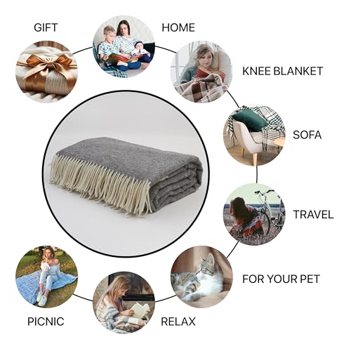 | Wool Blanket/Throw | 100% New Zealand Wool | Perfect for Home and Outdoors | Virgin Wool Throw with Fringes 75"x87" (190 x 220 cm) - color: Smoke Gray, size: Full