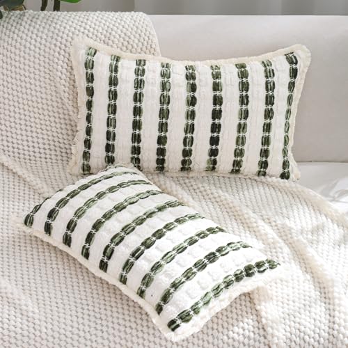 LUOYEHK Chenille Striped Throw Pillow Covers 12x20 Inch Set of 2 Boho Decorative Pillowcases with Fringe Farmhouse Neutral Green and Beige Cushion Covers for Couch Sofa Bed Living Room - color: Green and Beige, size: 20" x 12" (Pack of 2)
