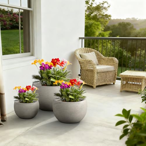 Kante 19.9",15.7",11.8" Dia Round Concrete Planter Set of 3, Outdoor/Indoor Large Bowl Plant Pots with Drainage Hole and Rubber Plug for Garden Patio Balcony Home, Weathered Concrete - color: Weathered Concrete, size: 19.9"D + 15.7"D + 11.8"D