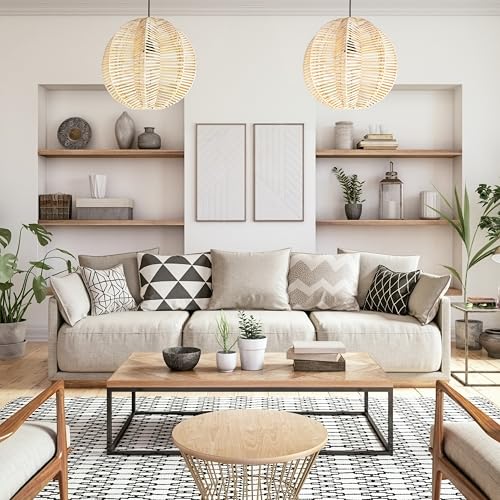 FOREVER BAMBOO Indonesian Hand-Woven Natural Rattan Pendant Light Fixture Circle Shape Woven Wicker Lampshade Chandelier Interior Decor, 15 in H x 15 in W - style: Bali Wave