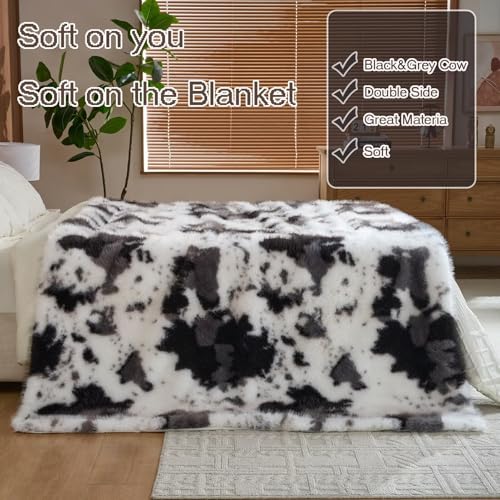 Luxury Fluffy Faux Fur Throw Blanket,Thick Fluffy Silky Fuzzy Cozy Blanket,Plush Blankets for Couch, Sofa, Chair, Bed-Black&Grey Cow-50 * 60inch - color: Black&grey Cow, size: Throw (50" x 60")