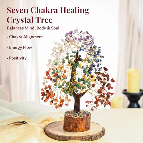 Crocon® 7 Chakra Crystal Tree of Life, Crystals and Healing Stones Money Tree for Positive Energy, Good Luck, Spiritual, Meditation Home Decor, Birthday Gifts for Women, Men, Mom & Sister | 10-12" - color: 001 Seven Chakra (Golden Wire)