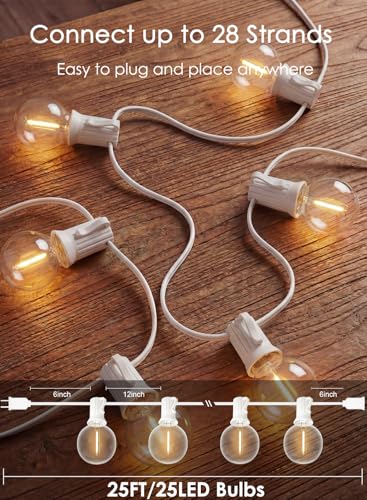 SUNSGNE 25FT G40 LED White Outdoor String Lights, White Patio Lights with 25 Shatterproof LED Clear Globe Bulbs for Patio Garden Porch Pergola Bistro Outside Decor - color: Warm White-White, size: 25FT