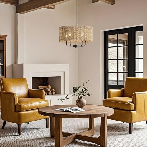 5-Light Rattan Chandelier for Dining Room, Boho Chandelier, Coastal Hand Woven Pendant Light Fixture for Kitchen Island Entryway Foyer Living Room Bedroom UL Listed Black - color: Black, size: 17.7"