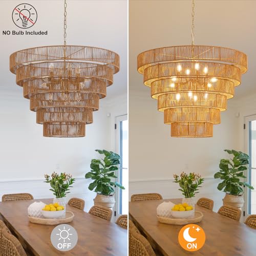 31.49" Large Rattan Gold Chandelier for Dining Room, Farmhouse 12-Lights Boho Hand-Woven Bamboo Chandelier, Drum Wicker Golden Chandeliers for Kitchen Island, Living Room, Bedroom - color: Gold 31IN