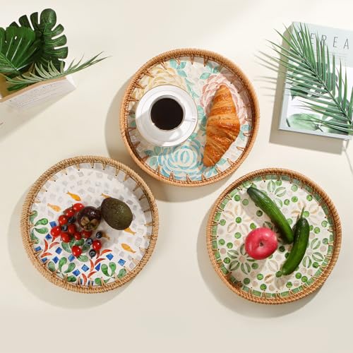 Round Rattan Tray with Mother of Pearl Inlay, Decorative Wicker Serving Tray with Wooden Base, Woven Basket Trays for Bread Fruits Coffee, Peony - color: Peony