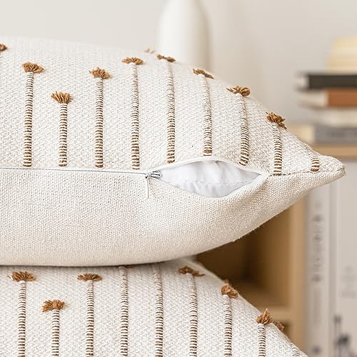 LILEPOY Boho Throw Pillow Covers 12x20 Set of 2 Neutral Decorative Textured Cushion Case Farmhouse Pillowcase Modern Lumbar Pillow Covers for Sofa,Couch, Living Room,Beige and Brown - color: Beige and Brown, size: 20" x 12" (Pack of 2)