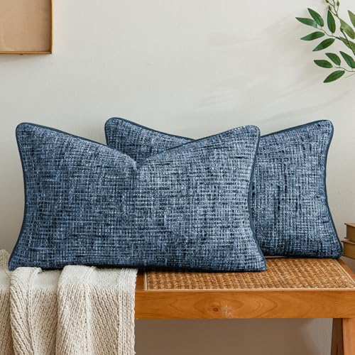 a moment Blue Reversible Pillow Covers 2 Pack - Farmhouse Chenille Throw Pillows, Neutral Textured Decorative Throw Pillow Covers with Border for Couch Sofa Bed (12x20 Inch, No Insert) - color: Blue, size: 20" x 12" (Pack of 2)