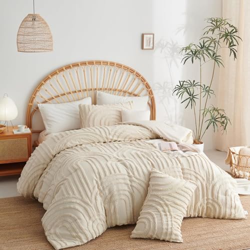 Boho Tufted Comforter Queen Size Beige Geometric Tufted Comforter Set Bohemian Arch Tufted Bed Set 3 Pieces Shabby Chic Embroidery Soft Jacquard Bedding for All Seasons with 2 Pillowshams - color: Geometry, size: Queen (90"x90")