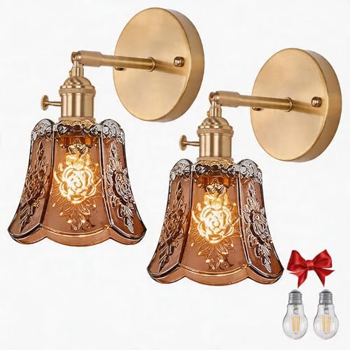 2 Pack Vintage Wall Sconces, Amber Wind Chime Glass Shade Wall Lamp with 2 Natural Light Bulbs, Hardwired Design with Rotary Switch, Decorative Light for Bedroom Hallway Living Room - color: Amber 2pcs Flower Wall Light