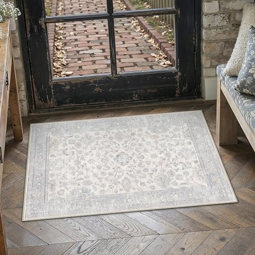 2x3 Blue Washable Area Rug for Living Room Bedroom Neutral Soft Floral Non Slip Thin Throw Rug Lightweight Vintage Low Pile Distressed Doormat Nursery Entrance Playroom Front Door Bathroom - color: Blue Grey, size: 2'x3'