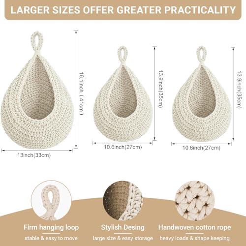 Hanging Fruit Baskets for Kitchen, 3 Pack Boho Cotton Rope Handwoven Vegetable Storage Wall Mounted Large Organizing Basket for Farmhouse Decor, Onion, Potato, Garlic and Plants (White) - color: White
