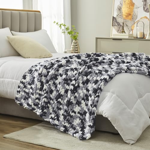 Amélie Home Chunky Knit Throw Blanket for Couch, Soft Chenille Handmade Crochet Throw Rope Knot Blanket for Couch, 50"x60", Space-Dyed Black - color: Black&white, size: 50"x60"