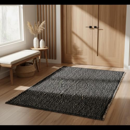 Black 3x5 Jute Rug Braided Construction - Farmhouse Woven Carpet - Mid-Century Modern Floor Covering for Bedside, 3' x 5' - color: Black, size: 3' x 5'