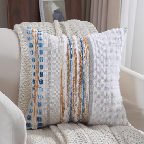 Boho Throw pillow covers 18x18 set of 2 farmhouse decorative Couch pillow covers neutral Accent throw pillows covers striped outdoor cushion covers square textured chenille pillow cases for sofa bed - color: Z Camel Blue