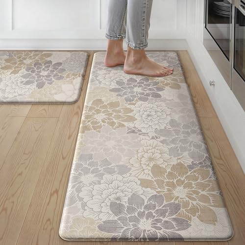 GENIMO Kitchen Mats for Floor, Kitchen Rugs Non Slip Washable Sets of 2, Waterproof Cushioned Anti Fatigue Mat, Floral Runner Rug for Laundry, Sink, Office, Home, 17.3"x47"+17.3"x30", MilkyWhite - color: Milky White, size: 17.3"x47"+17.3"x30"