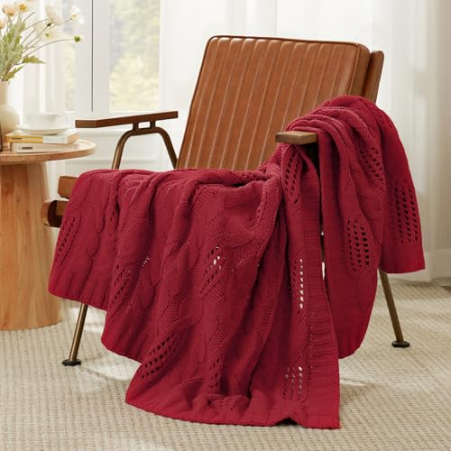 Amélie Home Chunky Knit Throw Blanket, Reversible Soft Chenille Breathable Cable Knitted Blanket for Couch and Sofa, Farmhouse Decorative Throw for Chair, 50"x60", Christmas Red - color: Christmas Red, size: Cable Knit 50"x60"