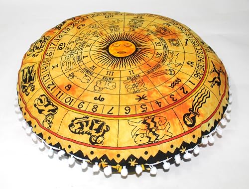 Round Mandala Floor Pillow Cover Seating Cushion Throw Cover Hippie Decorative Bohemian Ottoman Pouf Cover, Pom Pom Pillow Cases,Boho Indian 32 Inches Yellow Zodiac - color: Yellow, size: 32" Round